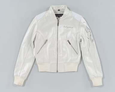 White Leather Bomber Jacket with Ribbed Cuffs