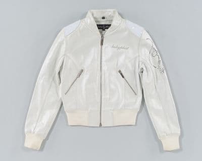 White Leather Bomber Jacket with Ribbed Cuffs