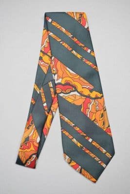Charcoal Gray Silk Tie with Orange Floral Stripes