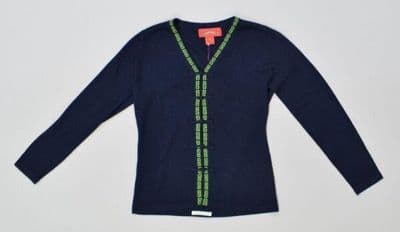 Navy Blue Silk Cashmere Cardigan with Lime Green Trim
