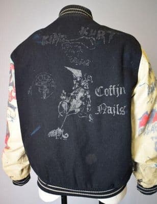 Black Wool Varsity Bomber Jacket with Cream Leather Sleeves