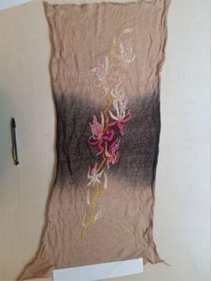 Kenzo, c.1990. Beige and dark brown ombre length of fabric with pink and gold floral design superimposed.