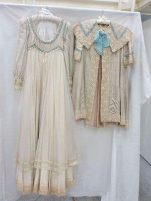 Silk chiffon evening dress and moiré redingote, designed by Gina Fratini, London, early 1973