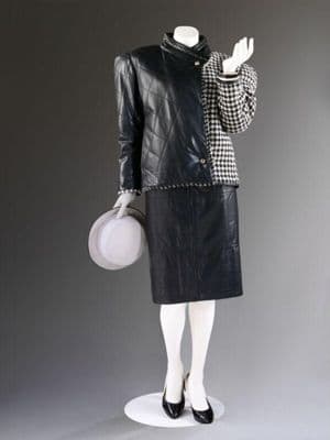 Black Leather and Houndstooth Wool Skirt Suit