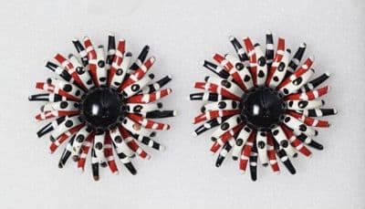 Red Black White Floral Enamel Clip-On Earrings