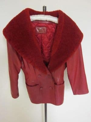 Red Leather Double-Breasted Jacket with Sheepskin Collar