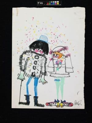 Hand-Drawn Wedding Card with 1960s Fashion Figures