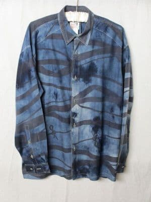 Blue Tie-Dyed Silk Shirt with Ribbon Motif
