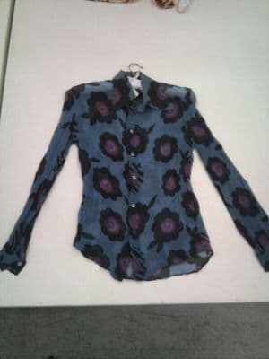 Slate Blue Silk Chiffon Poppy Print Dress Shirt