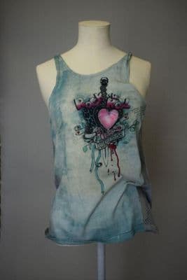 Light Blue Tie-Dye Cotton Tank Top with Heart Print