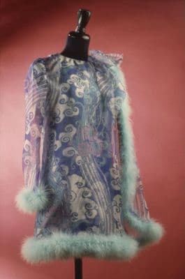 Navy Blue Paisley Nylon Mini-Dress with Feather Trim