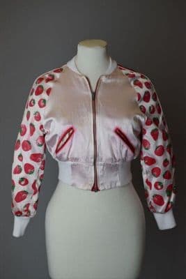 White Synthetic Satin Cropped Bomber Jacket with Strawberry Print