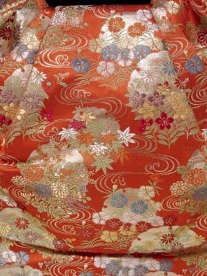 Vermillion Silk Brocade Obi with Chrysanthemum Roundels