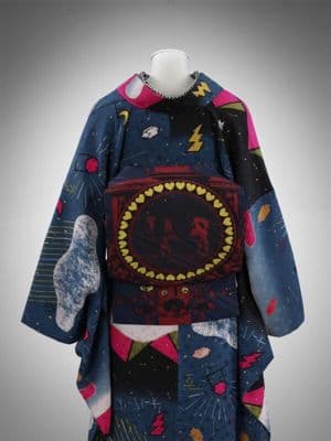 Navy Blue Silk Twill Nagoya Obi with Pink Floyd Motifs