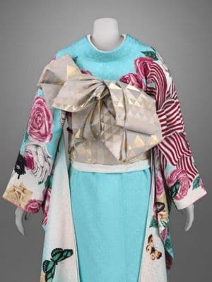 Turquoise Cream Pink Silk Floral Obi Sash