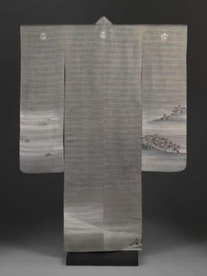 Grey Silk Gauze Summer Kimono with Landscape Design