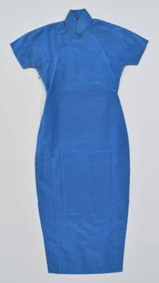 Blue Silk Satin Qipao with Mandarin Collar