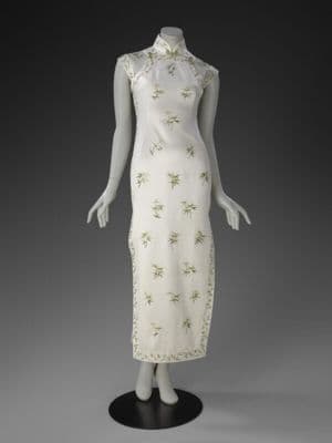 White Silk Satin Qipao with Bamboo Embroidery