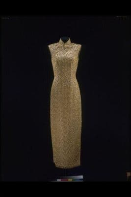 Golden Metallic Lace Qipao Evening Dress