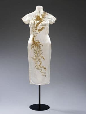 White Silk Cheongsam with Golden Dragon Embroidery