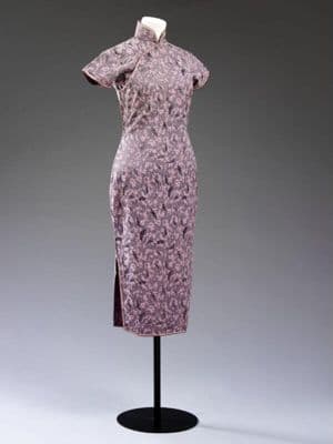 Grey Silk Brocade Cheongsam with Pink Floral Motifs