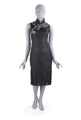 Black Silk Gauze Qipao with Embroidered Details