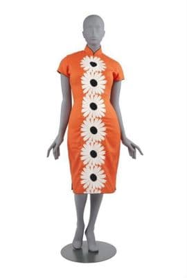 Orange Viscose Qipao with White Daisy Embroidery