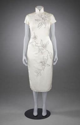 Dress for a woman (<i>qipao</i>), satin-weave silk; machine-embroidery in metallic threads, lined with silk, Hong Kong, about 1961
