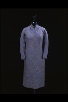 Qipao, woman's dress, synthetic crêpe with supplementary warp and weft patterns, Hong Kong, 1950-1960