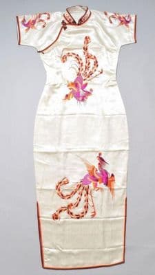 White Embroidered Silk Satin Qipao Dress