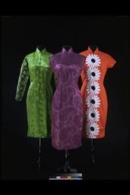 Qipao (woman's dress), brocaded rayon lined with synthetic satin, Hong Kong, 1946-1956