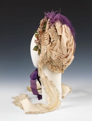Cream Silk Victorian Bonnet with Purple Velvet Trim