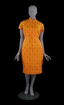 Orange Golden Yellow Printed Silk Qipao Ensemble