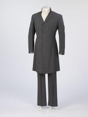 Man's wedding suit, grey cloth, consisting of a frock coat and trousers, designed by Mr. Fish, London, 1967.