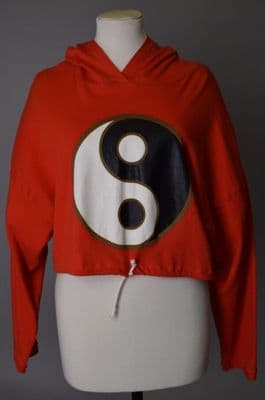 Red Cotton Blend Cropped Hoodie Yin Yang Print