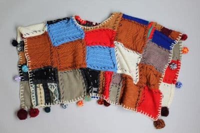 Patchwork Wool Poncho with Multicolored Patches
