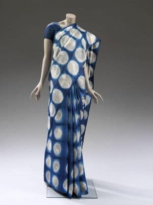 Indigo Blue Tasar Silk Sari with White Circles