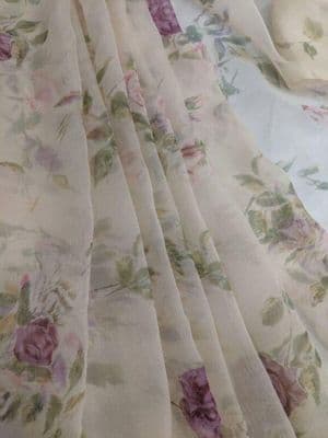 Cream Silk Chiffon Sari with Floral Print