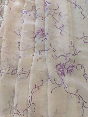 White Chiffon Sari with Purple Hand Embroidery