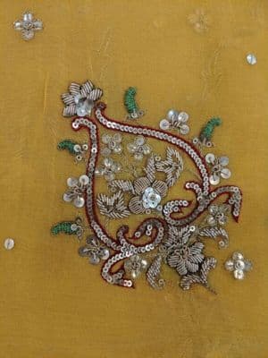 Yellow Chiffon Sari with Hand-Embroidered Paisley Motifs