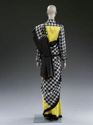 Sari and shirt with black and white houndstooth design, handwoven double ikat silk, India, 2011