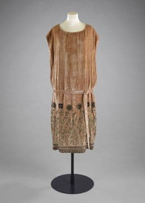 Golden Brown Silk Velvet Drop-Waist Evening Dress