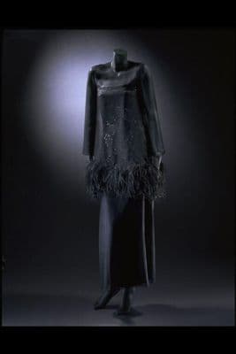 Black Silk Voile Mini Dress with Feather Trim