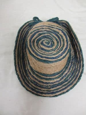Natural Raffia Wide-Brimmed Hat with Teal Bands