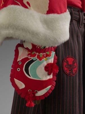 Red Silk Crepe Hand Protectors with White Fur