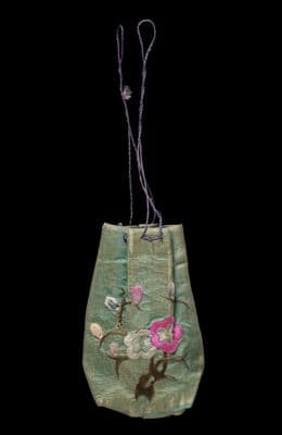 Sage Green Silk Embroidered Floral Pouch