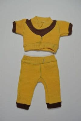 Doll's matching outfit, yellow and brown jersey, for Bleuette (but non-Bleuette), 1954