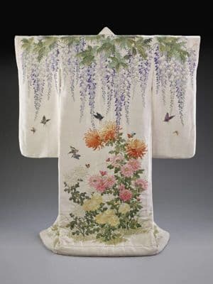 Ivory Silk Kimono with Wisteria and Chrysanthemum Embroidery