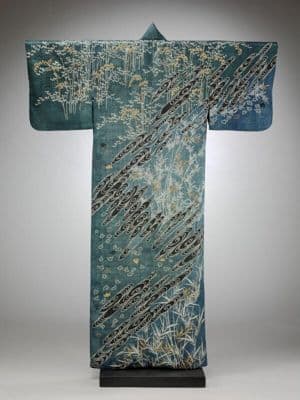 Teal Blue Silk Kimono with Embroidered Stream Design