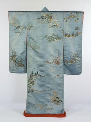 Pale Blue Silk Satin Kimono with Embroidered Scenes